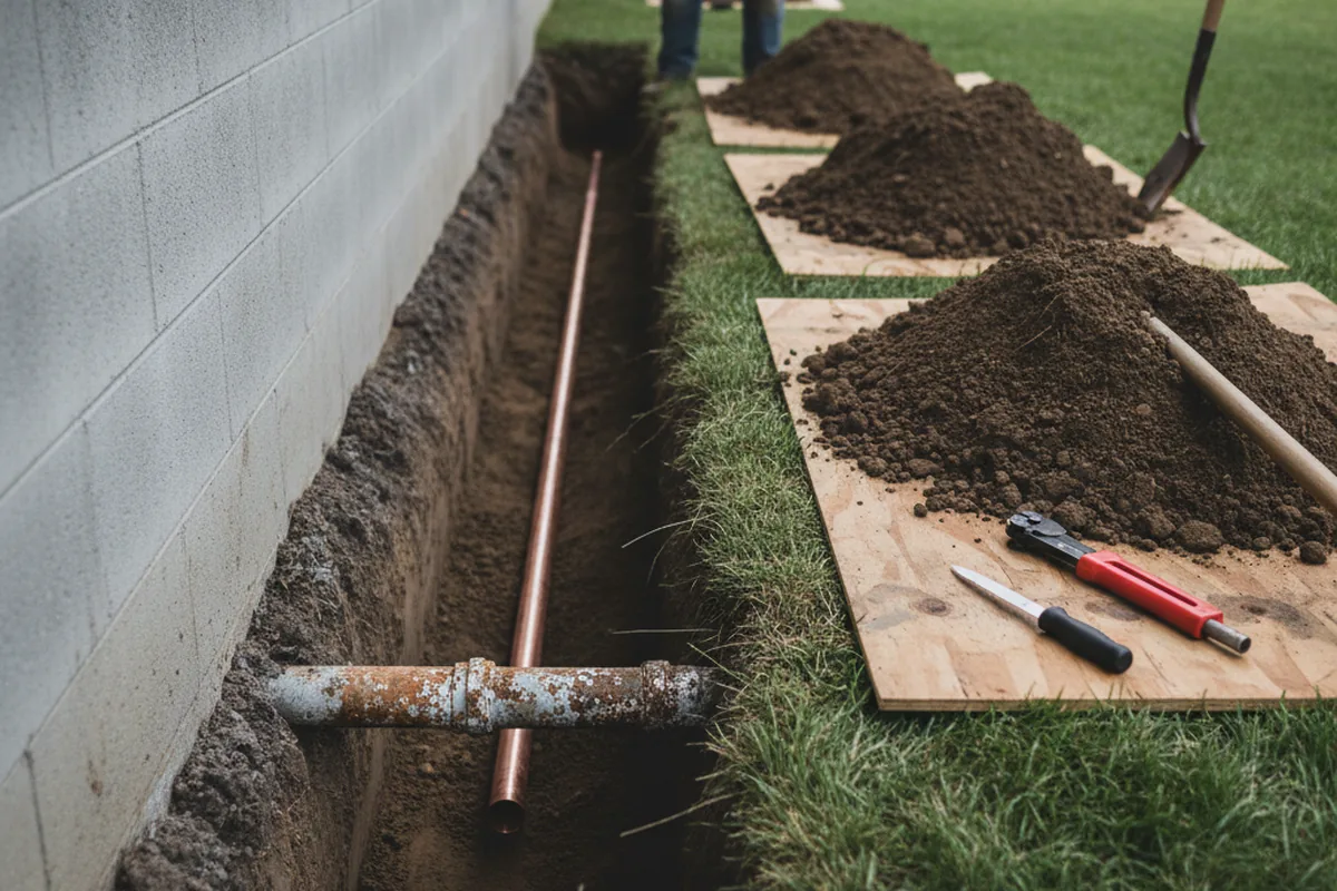 Excavated water line trench during Sewer Line Repair in Sterling City